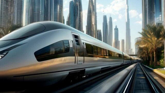 A silver bullet train is traveling down a track in a city. The train is surrounded by tall buildings and palm trees. Concept of speed and modernity, as well as the bustling energy of a city