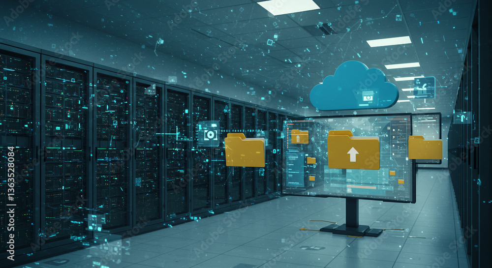 Poster secure data transfer to the cloud, visualized as folders uploading from server racks to a glowing cl