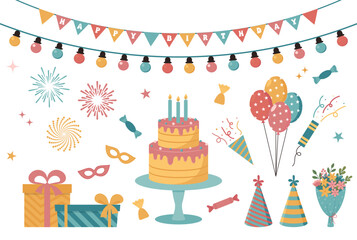 Birthday party decorations. Holiday elements set. Carnival masks, presents, cake, ballon, garlands and fireworks. Vector illustration