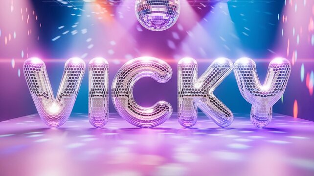 Typography of name Vicky displayed in disco ball letters under colorful lights