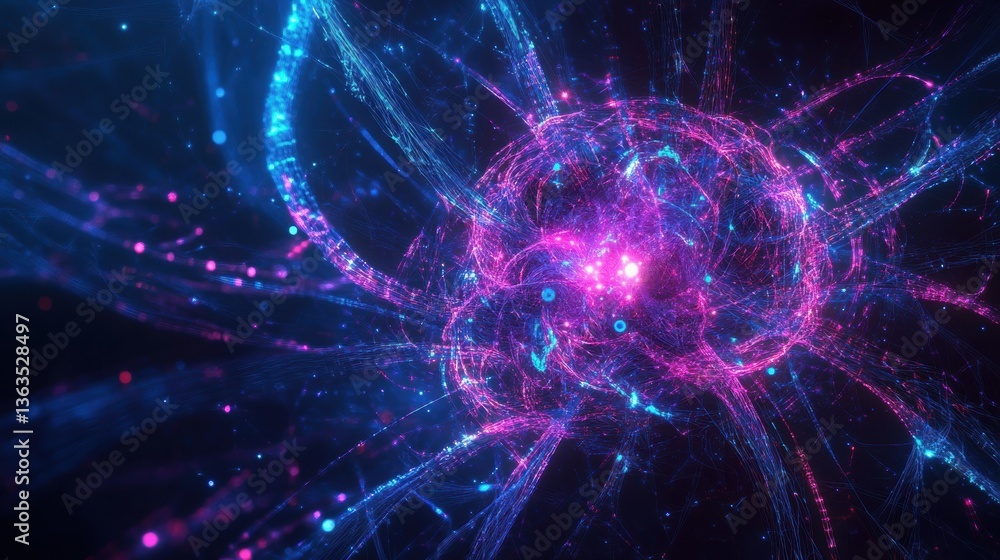 Poster futuristic neural connections glowing in deep blue and purple tones in an abstract representation of