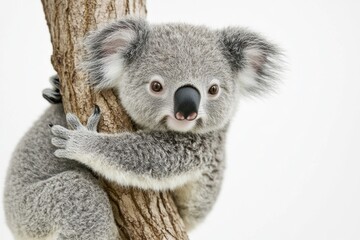 Naklejka premium Adorable koala joey clings to a tree trunk, showcasing its soft fur and endearing expression.