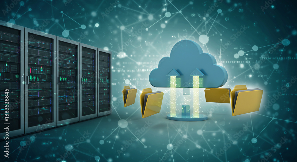 Poster secure cloud data transfer depicted with files flowing from server racks into a glowing cloud, symbo