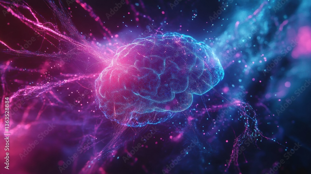Poster abstract neural connections form a glowing human brain in a futuristic cyberpunk style with intricat