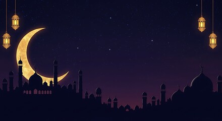Naklejka premium Elegant Eid al-Fitr Greeting Card with Grand Mosque, Crescent Moon & Glowing Stars