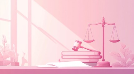 Law office, scales of justice, gavel, books, sunlight