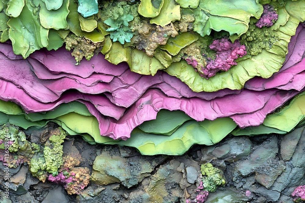 Poster layered textures in undulating pink and green hues create depth illusion