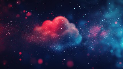 Abstract digital art of a cloud computing symbol with a stardust texture, set against a dark background with blurred glowing red and blue patterns.