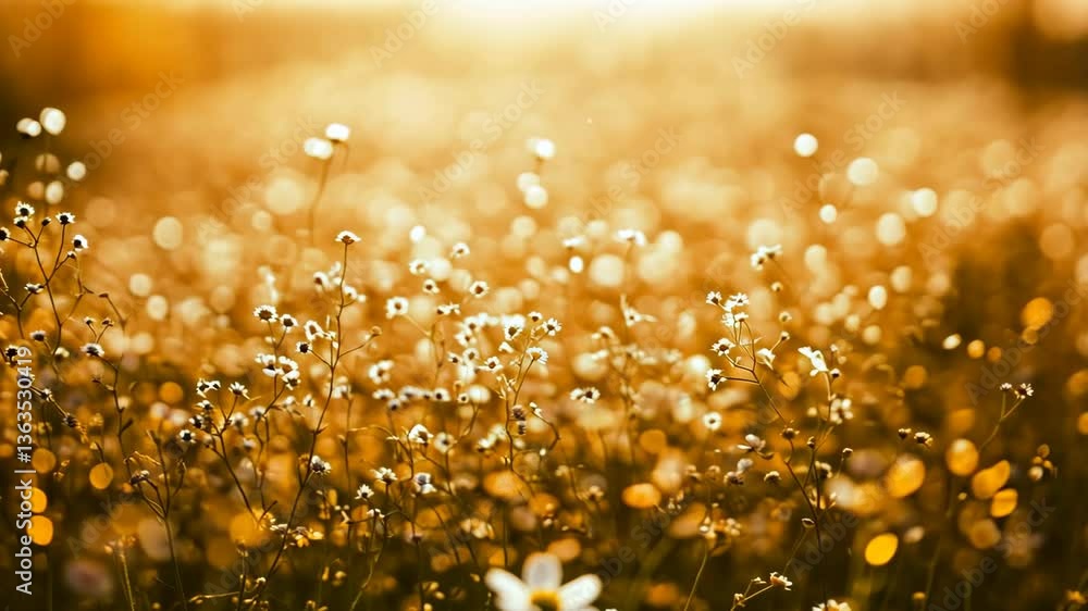 Poster beautiful golden flower field illuminated by sunset with soft bokeh effect creating a serene atmosph