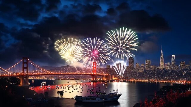 Fireworks over Golden Gate Bridge, San Francisco skyline. Possible use Stock photo