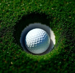 Close-up of golf ball in hole surrounded by short green grass and white edge of hole creating sense of precision, success and sportsmanship in golf