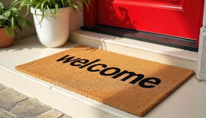 Stylish doormat welcome text at red door background. Cute potted plants add welcoming home atmosphere. Front entrance decor with plants and simple minimalistic design. Perfect for greeting visitors.