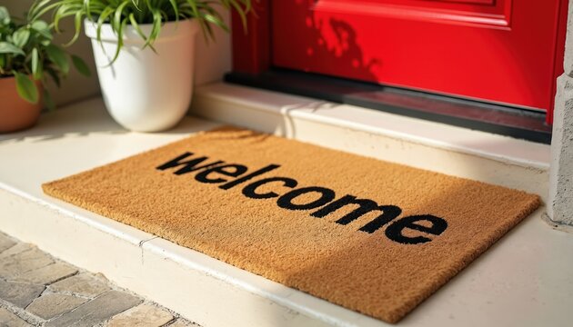 Stylish doormat welcome text at red door background. Cute potted plants add welcoming home atmosphere. Front entrance decor with plants and simple minimalistic design. Perfect for greeting visitors.