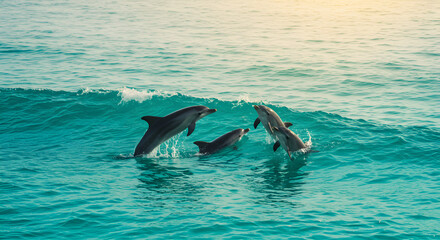 Fototapeta premium Playful dolphins frolic in the ocean waves under a sunlit sky above them