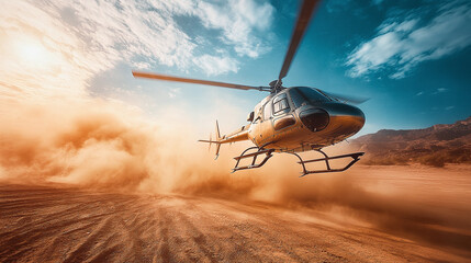 Helicopter Taking Off in a Desert Dust Cloud