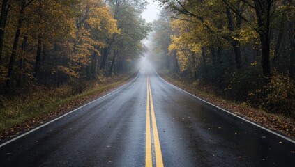 Obraz premium Autumnal misty road through a forest