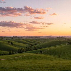 Fototapeta premium Rolling green hills stretching beneath a sky painted in soft sunset hues.