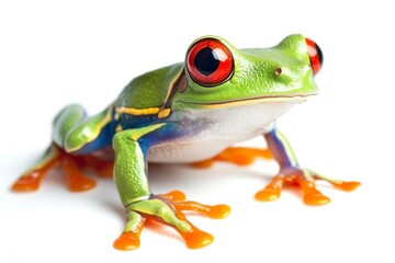 Red-eyed Tree Frog Sitting Isolated on White Background Close-up