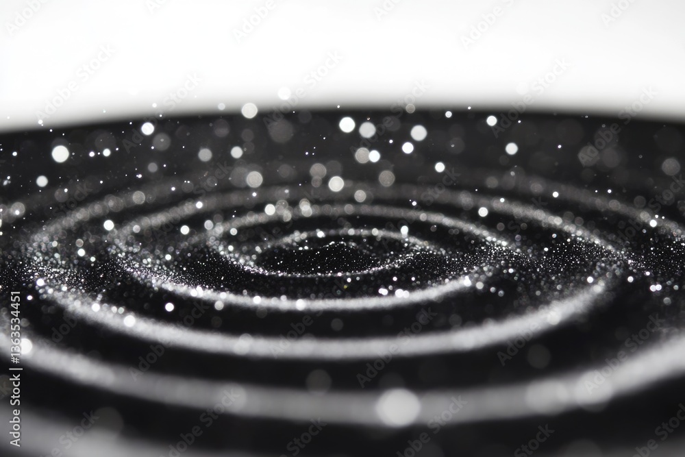 Poster silver glitter swirls on black surface, creating a mesmerizing cosmic effect with bokeh lights.