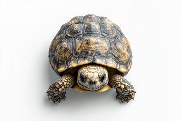 A young tortoise, viewed from above, displays a striking pattern on its shell and limbs against a white background.