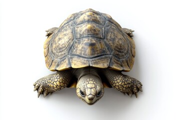 Obraz premium Overhead view of a tortoise, showcasing its textured shell and powerful claws.