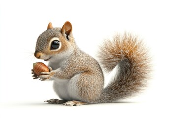 Obraz premium Adorable fluffy squirrel holding a hazelnut, sitting on a white background.