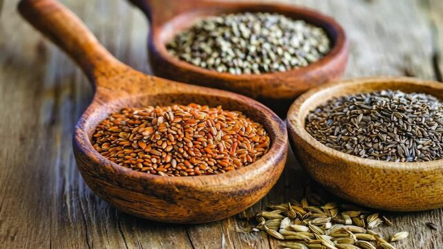 Various spices displayed in wooden spoons on a rustic wooden surface showcasing their textures and colors in natural light