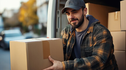 Delivery driver unloading cardboard boxes from a van in a neighborhood  