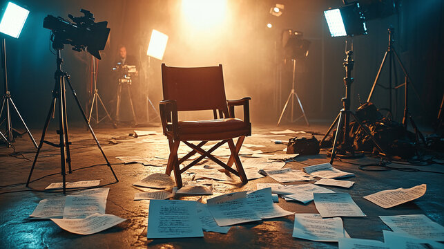 Vintage Film Set: Indoor film set with vintage equipment and a director&rsquo;s chair. Concept: Vintage Film Set, Cinematic Equipment, Directors Chair