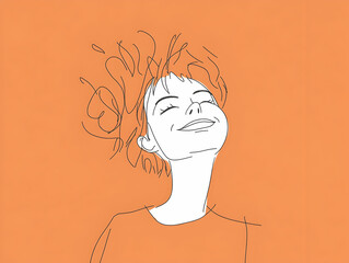 Person with slightly disheveled hair smiling joyfully against a bright orange background, radiating happiness and positivity during a sunny day
