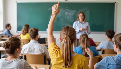Student raising hand in classroom with teacher, engaged learning