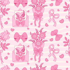 Pink Vintage Coquette seamless pattern. Rose, Bow Ribbon, bouquet flowers with love letter on Groovy Distorted Stripe Background. Romantic Girly Vibe. Trendy aesthetic backdrop. Vector illustration