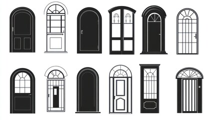 Various arched door designs; home improvement; white background; architectural illustration