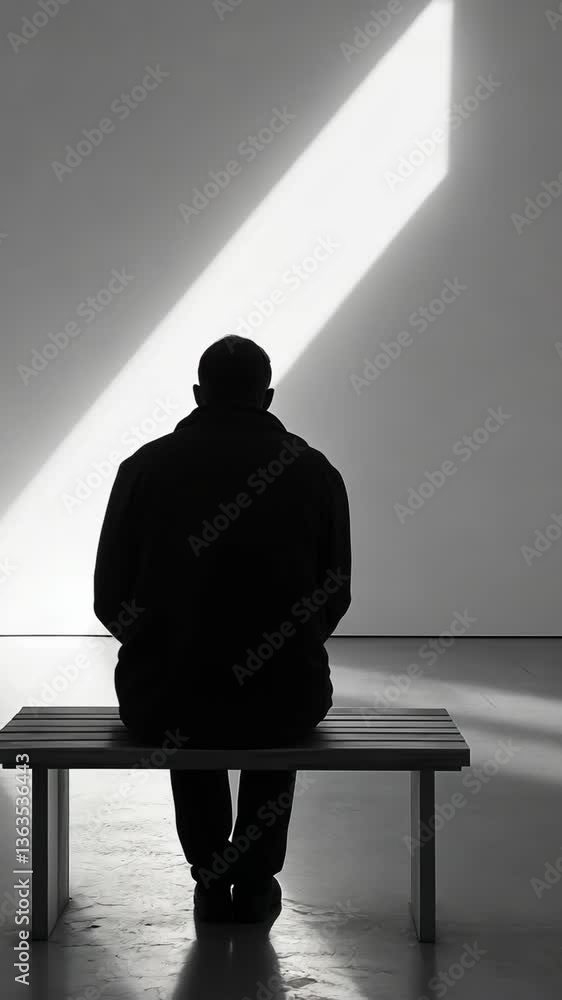 Aufkleber man sitting alone on a bench in a minimalist gallery with light streaming through a window