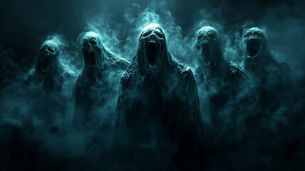 Shadowed writhing mass of creatures surrounded by eerie mist at midnight