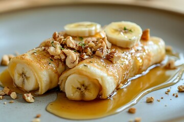 Two banana crepes topped with walnuts and honey on a plate