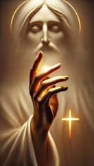 Divine hand reaching with glowing cross and radiant face in ethereal light