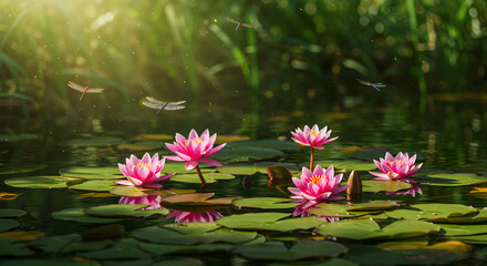 Dragonflies dance over blooming water lilies in a serene marsh environment