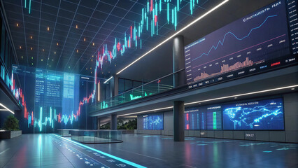 A futuristic stock market trading floor filled with holographic financial data, glowing candlestick charts floating in the air, and a high-tech atmosphere