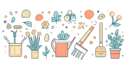 Gardening tools and plants, spring planting, home garden, flat design, website banner