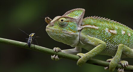 Fototapeta premium Chameleon's patient hunt: A lizard's intense gaze observing its insect prey in nature