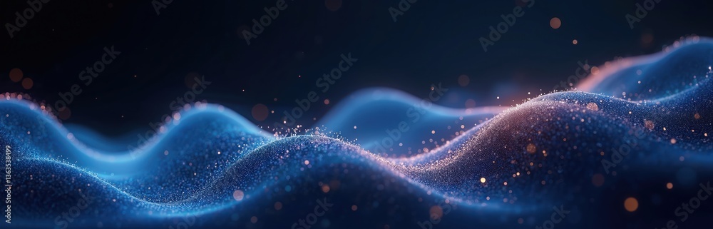 Poster Abstract tech background with blue light digital effect particulars. Illustration features 3D render with wave design, energy, digital effect. Perfect for tech presentations, design projects.