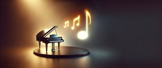 Glowing music notes floating near grand piano on softly lit dark stage