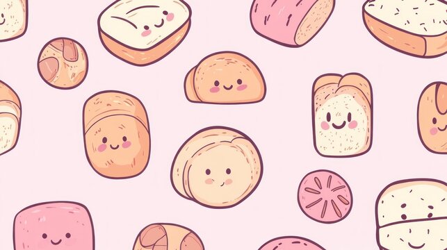 Cute bread pattern with smiling faces on a pink background. For bakery design use