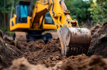 Close-up of yellow excavator digging soil, performing earthwork. Heavy machinery equipment removing trunk, roots, performing landscaping. Land improvement process, ground work. Excavation, digging