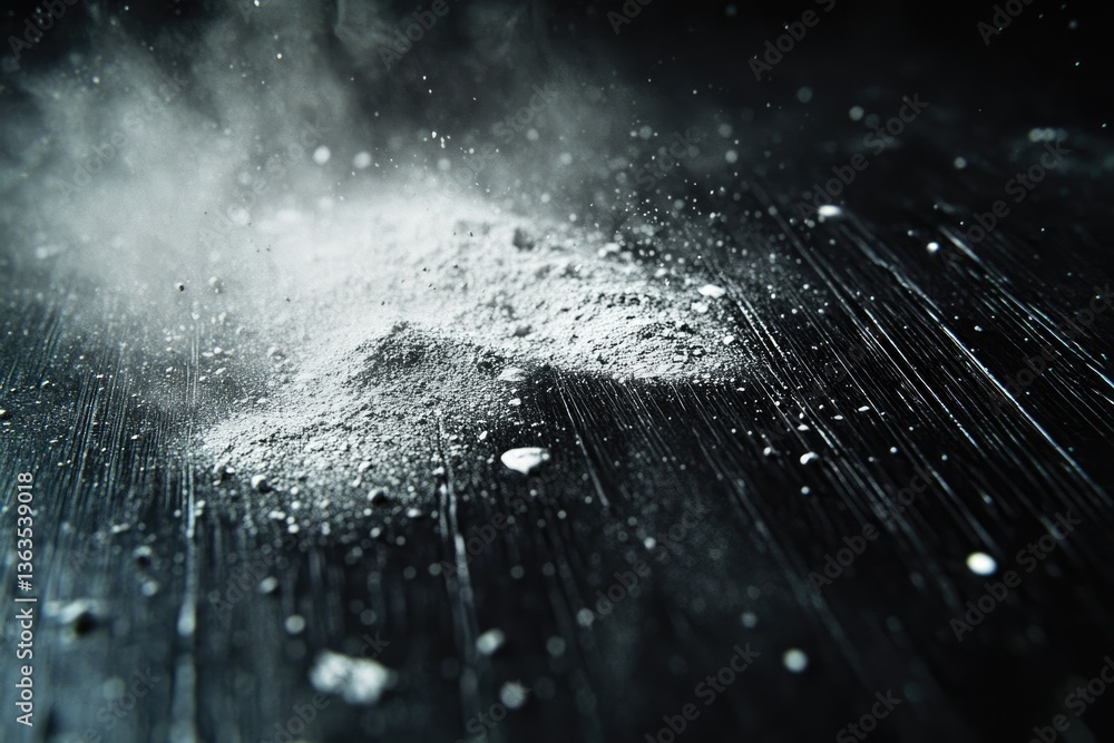 Poster white powder explodes on a dark surface, creating a dramatic, textured scene with airborne particles
