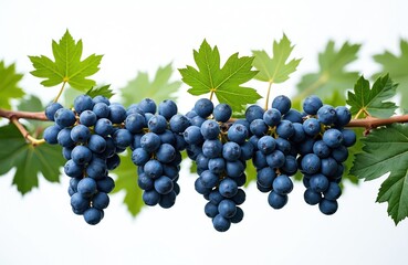 Fototapeta premium Dark blue grapes with green leaves isolated on white background. Ripe bunch of fresh organic grapes, agriculture. Ideal for food tech, healthy diet concepts, promoting organic products, eco-friendly