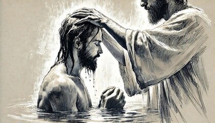 Sacred moment of baptism illustrated in black and white symbolizing spiritual rebirth