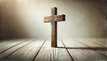 Wooden cross standing on rustic floor illuminated by soft light in sacred setting