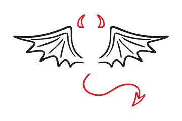 demon wings, sharp tail and horns doodle hand drawn icon set. Outline drawing demon wings, sharp tail and horns line clipart symbol collection